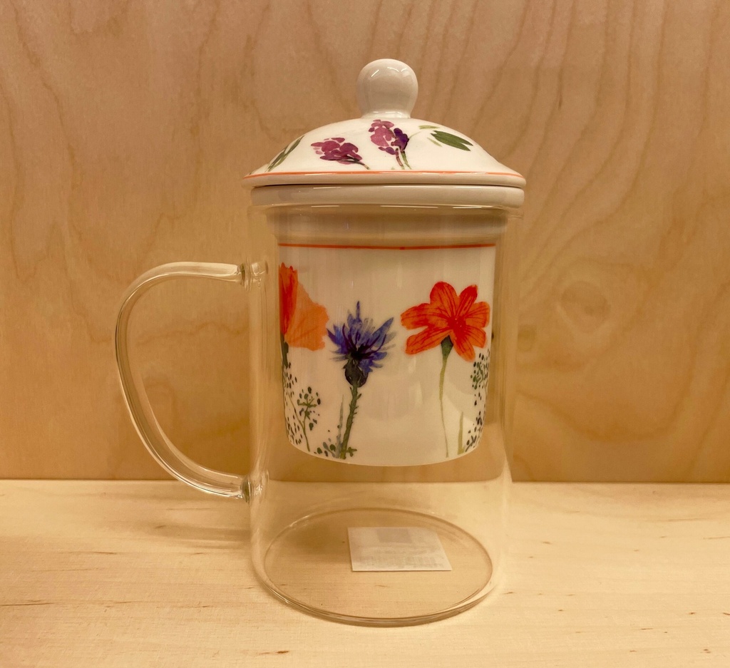 Taza Mug de Cristal con Filtro para té y Tapa de Porcelana Flores