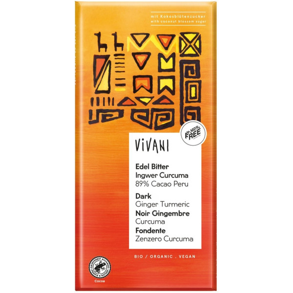 Chocolate negro 89% cacao con jengibre y cúrcuma Bio