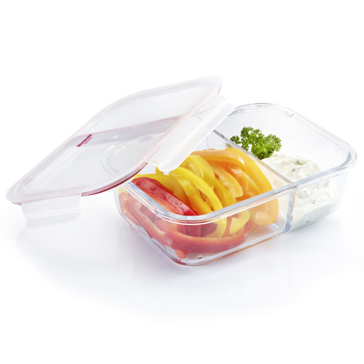 Tartera hermética con 2 compartimentos de vidrio con tapa de plástico
